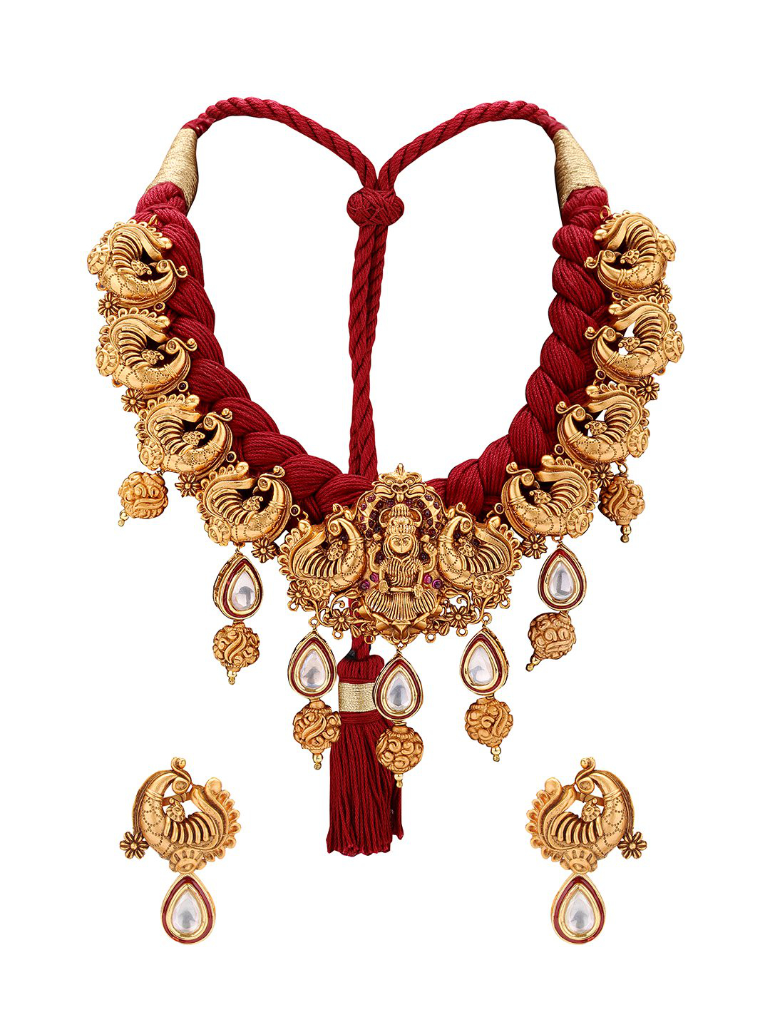 Joules By Radhika Antique Gold Plated Lakshmi Design Pendant Red Resham  Thread With Peacock Motifs Choker Necklace Set