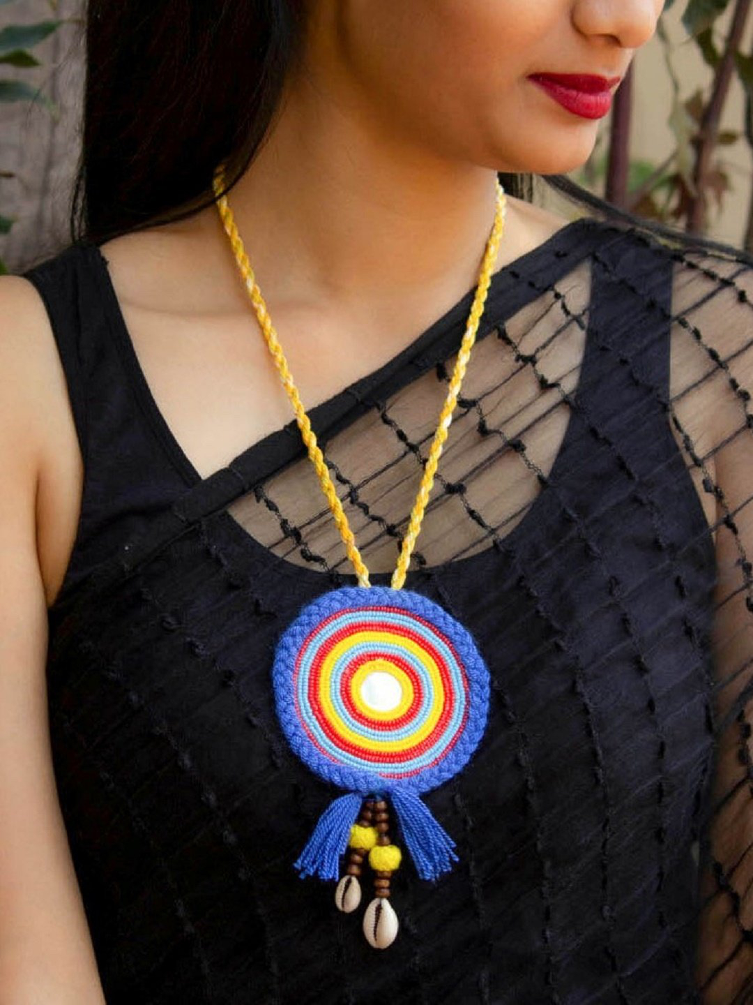 Handmade Yellow Color Dori With Multicolor Beads Foil Mirror Work Design  Pendant Fabric Long Necklace