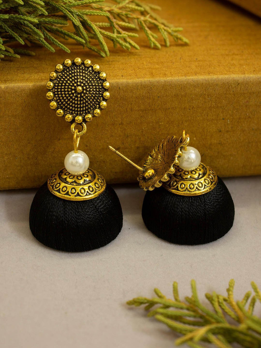 Gold Finish Silk Thread Embroidered Stud Earrings Design by Bauble Bazaar  at Pernias Pop Up Shop 2023