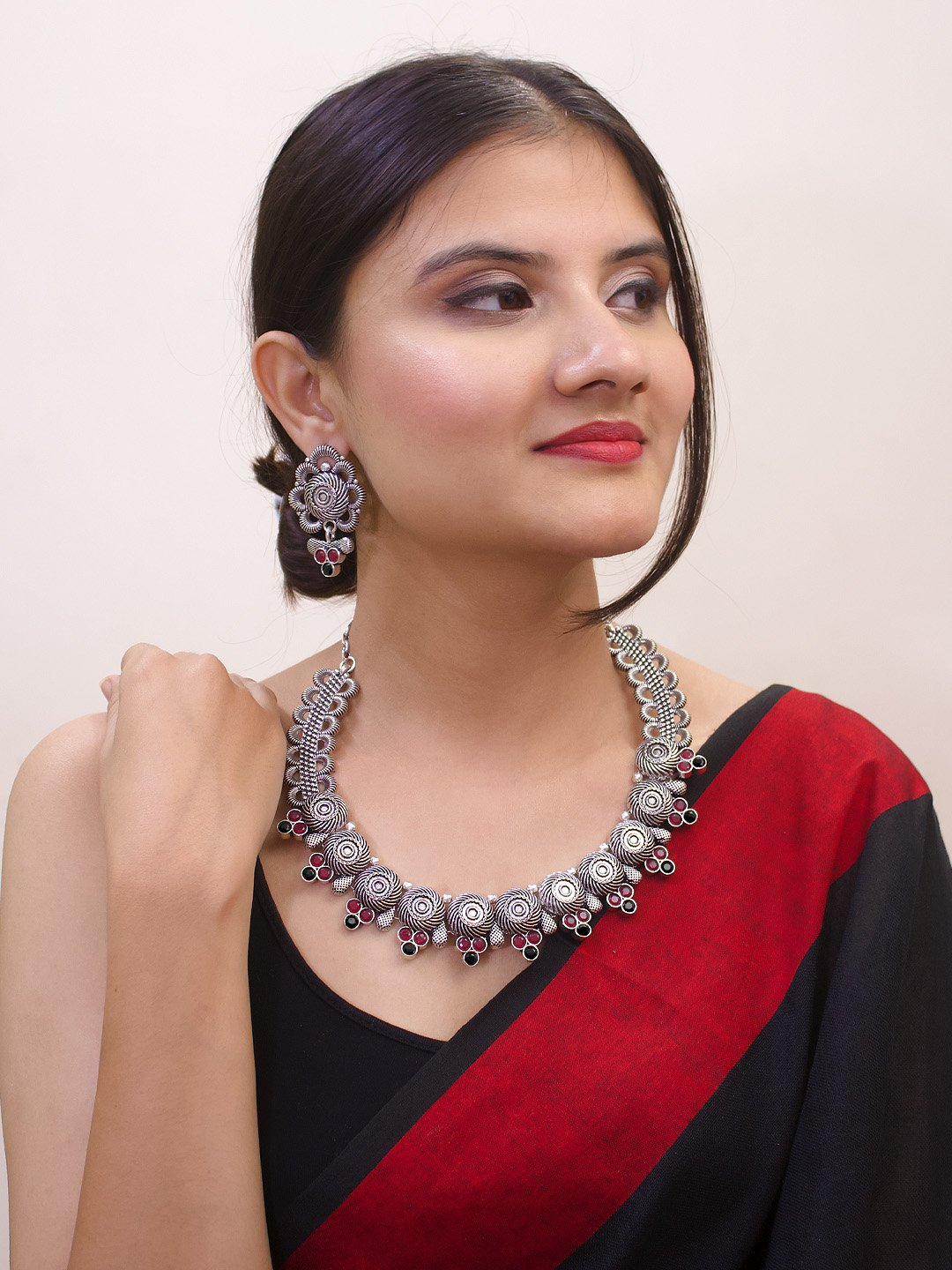 Buy PANASH Silver-Toned Green Stone-Studded Peacock Shaped Oxidized  Jewellery (Set of 2) Online