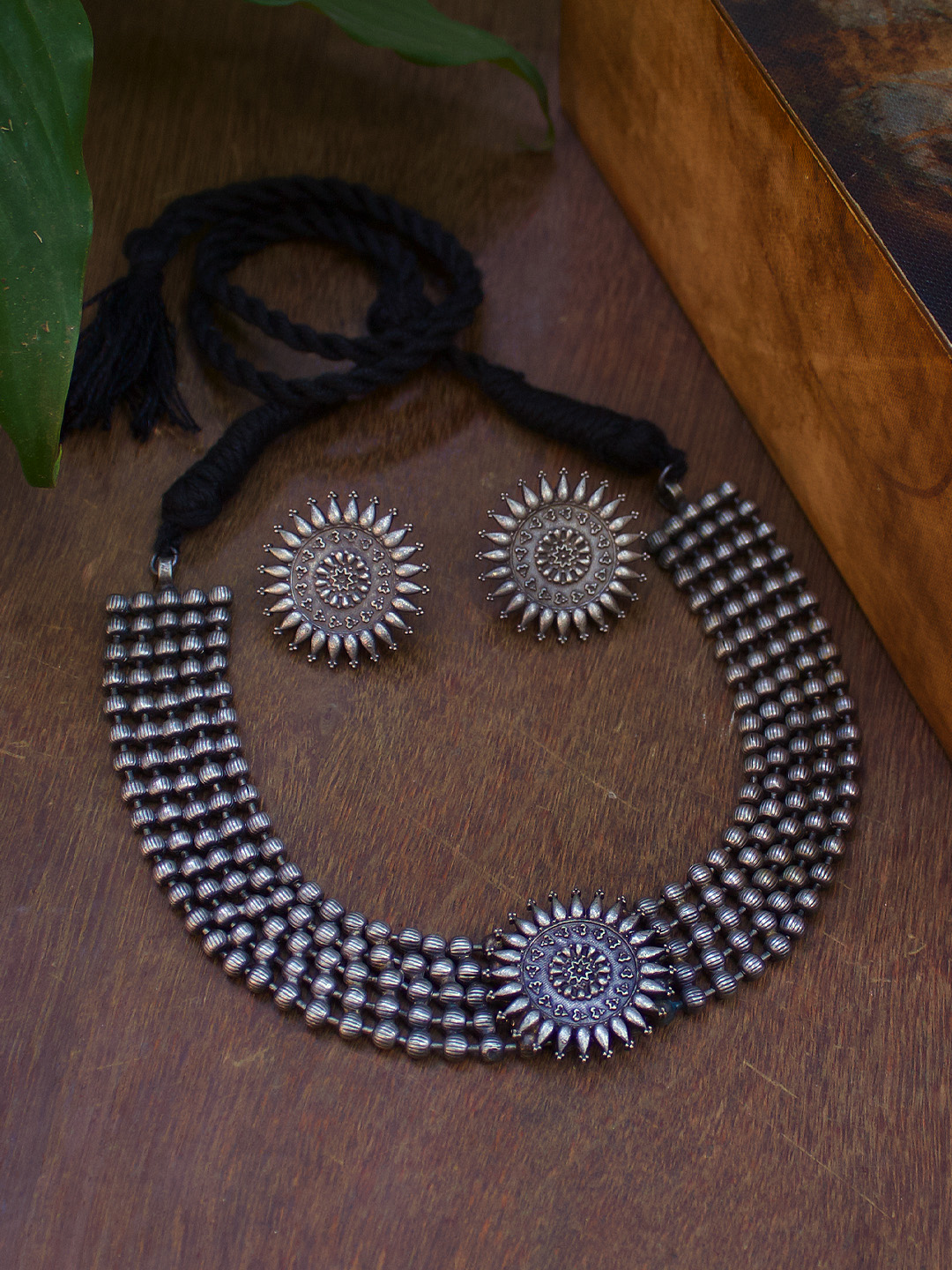 Oxidised Silver-Plated Floral Choker Necklace