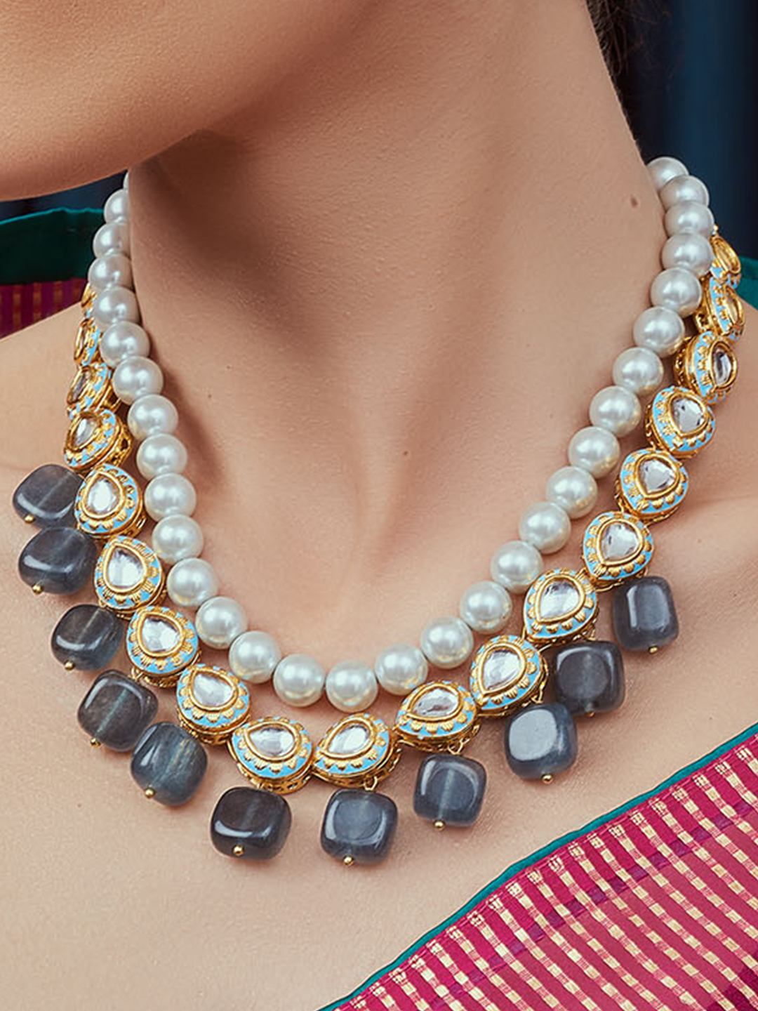 Silver Gold Plated Taveez Manikarnika Pearl Necklace