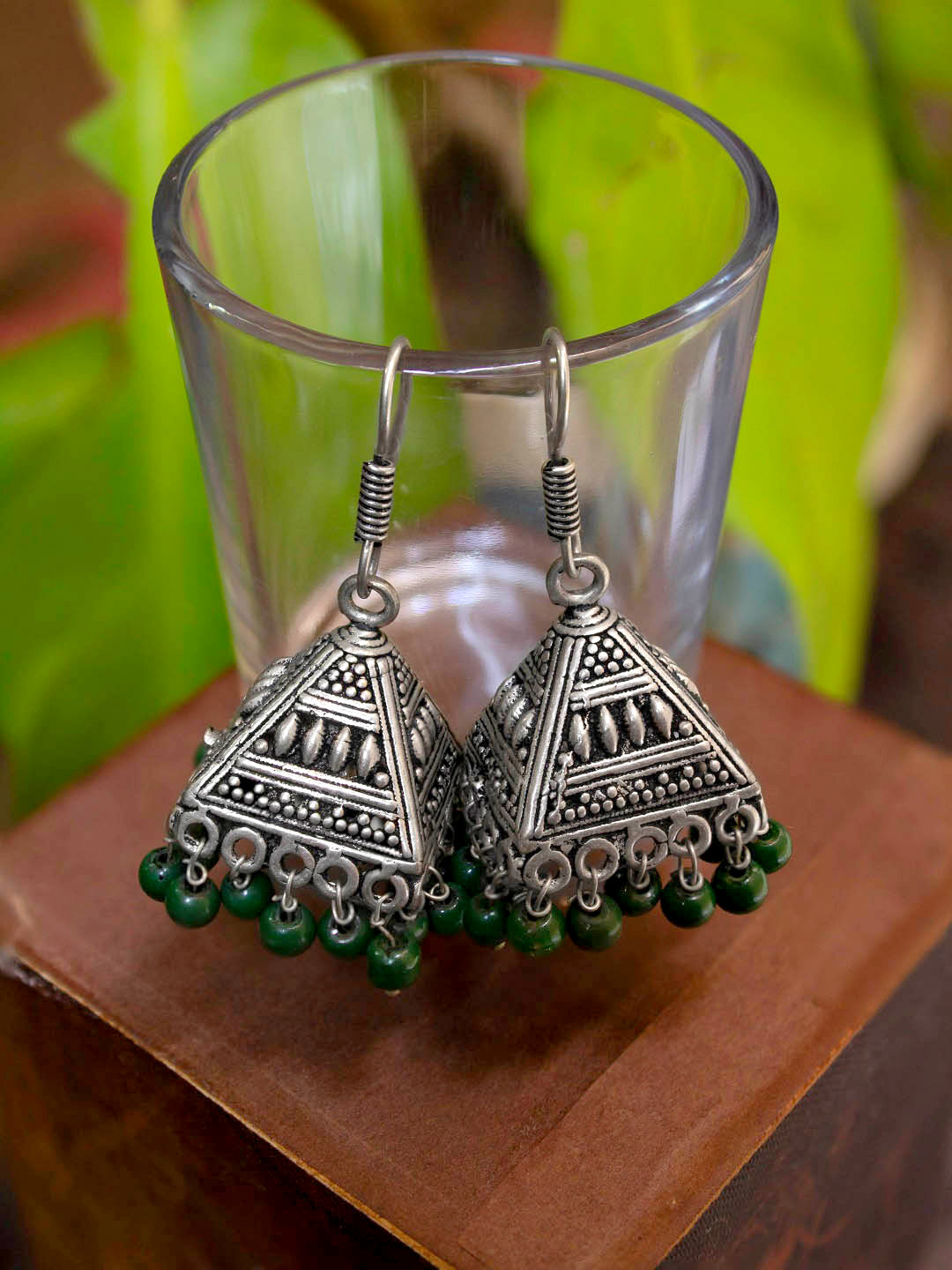 Oxidized Silver Plated Triangle Design With Hanging Green Color