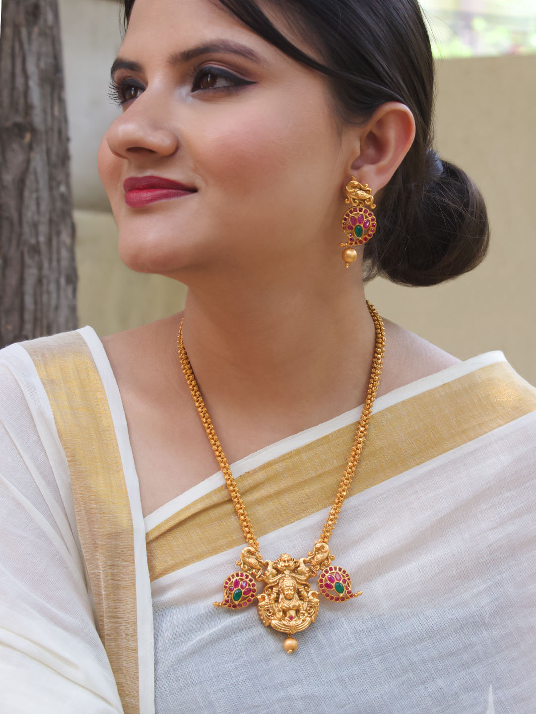 Bhavi Jewels Gold Plated Pota Stone Long Necklace Set