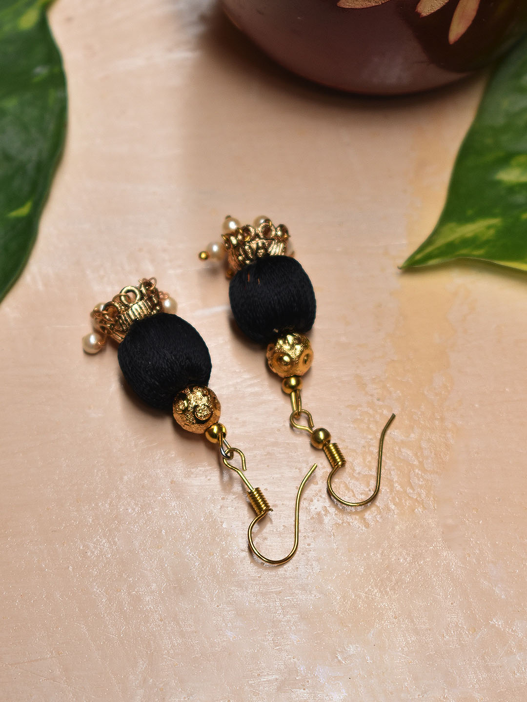 Gold Plated Black Color Silk Thread Balls With Hanging Beads Drop Earring