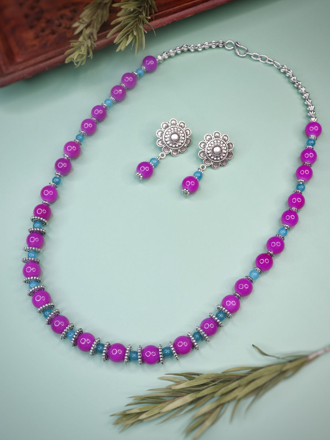 Indian Beads Blue Pink Necklace Set for Women | FashionCrab.com