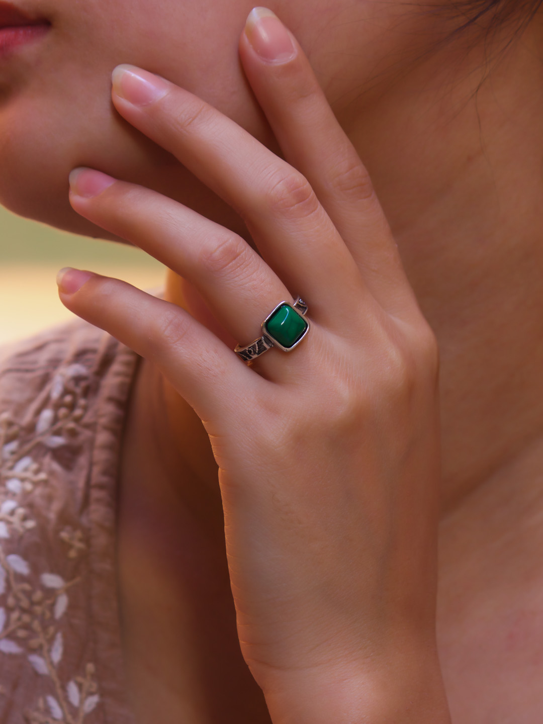 Silver Plated Square Shape Green Color Stone Finger RIng