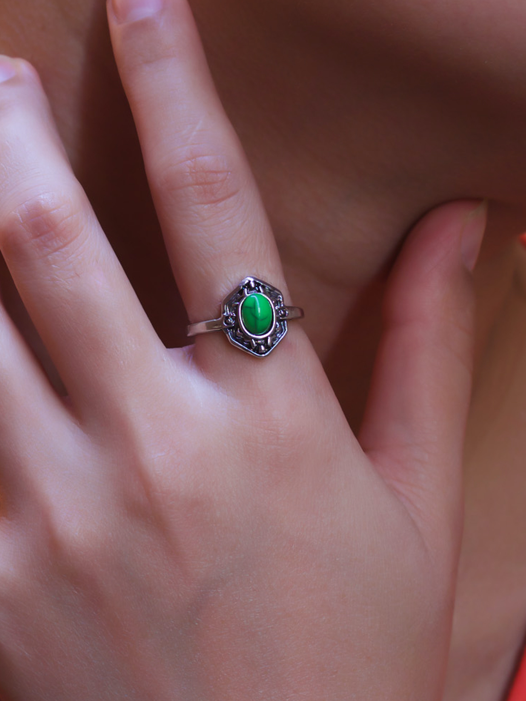 Green Dioptase Stone Silver Drop Ring — Discovered