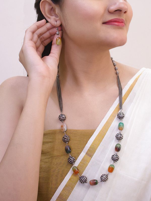 Oxidised Silver Plated Geometric Design Multicolor Artificial Stone Long Necklace Set